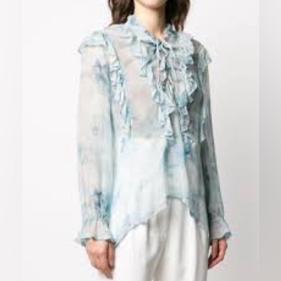 IRO Cruis Light Blue Chiffon Ruffle Blouse Lace-Up Sheer — Size US 2 / FR 34 - Picture 14 of 14